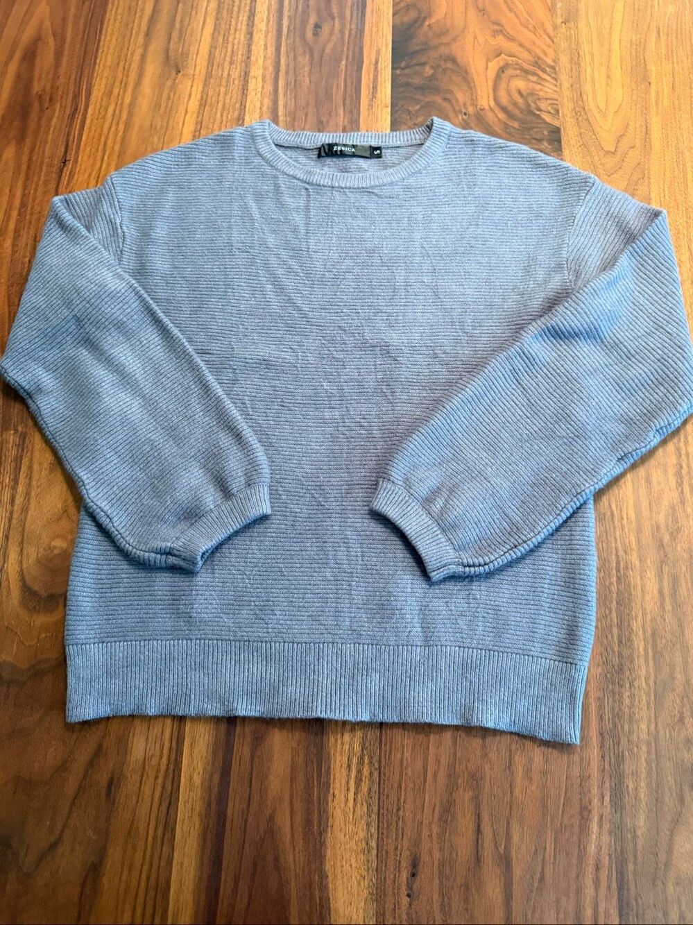 Zesica Women's Blue Gray Crew Neck Lantern Sleeve Ribbed Knit Sweater Size Small